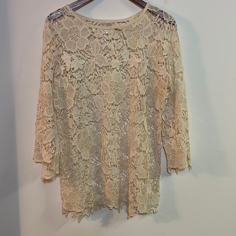 Forgotten Grace Ivory Floral Lace Pullover Top 3/4 Sleeve Tunic Size XL